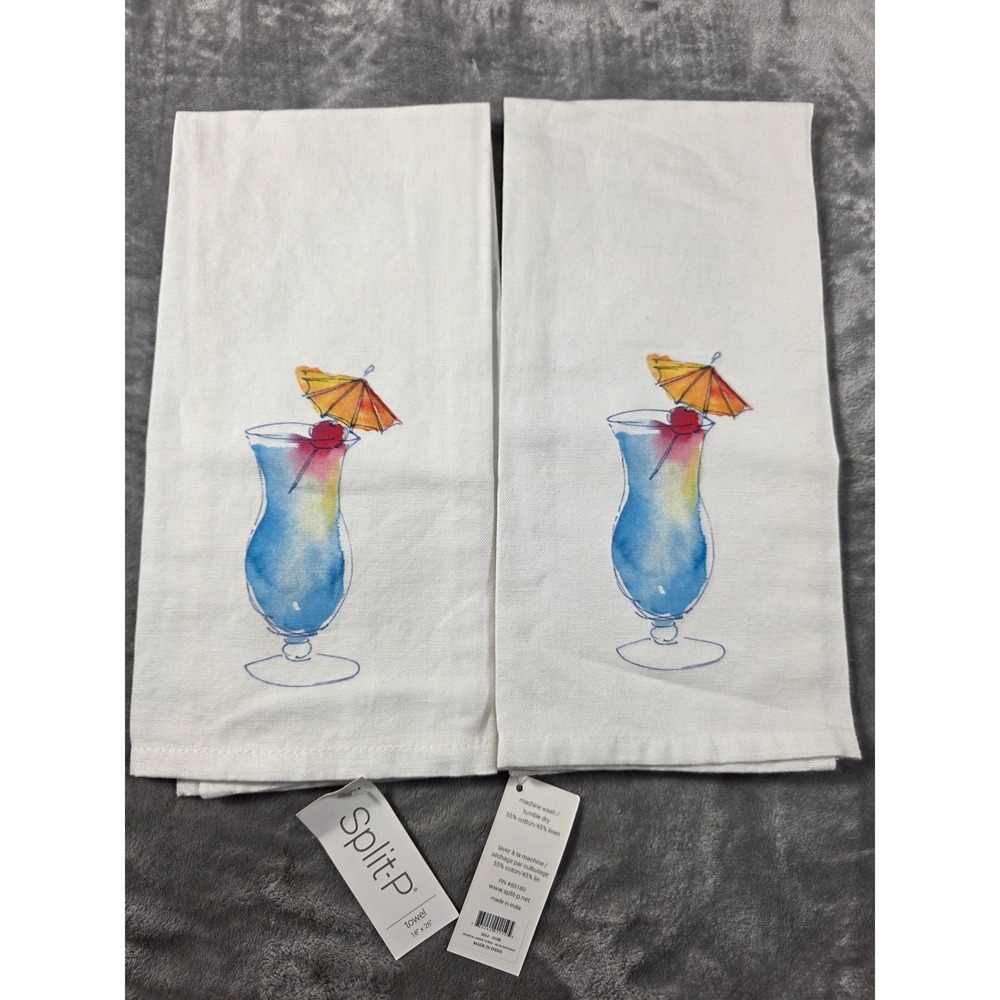 Split P Kitchen Towels 18x26 Linen Blend Hawaiian Tropical Drink Set of 2 NWT